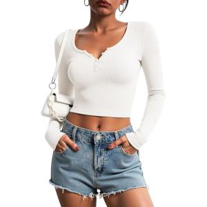Stelle Women Henley Long Sleeve Crop Tops Ribbed Knit Button Slim Fitted Tops Casual Basic T Shirts(Ivory)