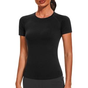 Stelle Women Workout Tops Short Sleeve Seamless Athletic Shirts Yoga Gym Sports Breathable Tees(Short Sleeve-black)