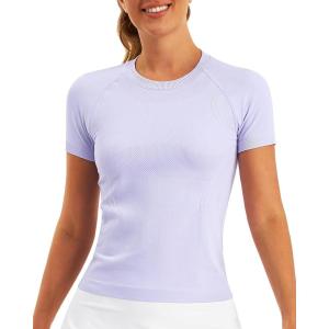 Stelle Women Workout Tops Short Sleeve Seamless Athletic Shirts Yoga Gym Sports Breathable Tees(Short Sleeve-light Purple)