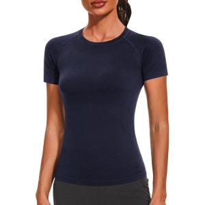 Stelle Women Workout Tops Short Sleeve Seamless Athletic Shirts Yoga Gym Sports Breathable Tees(Short Sleeve-navy)