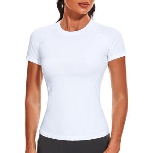 Stelle Women Workout Tops Short Sleeve Seamless Athletic Shirts Yoga Gym Sports Breathable Tees(Short Sleeve-white)