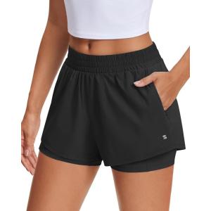 Stelle Women’s 2 in 1 Running Shorts Athletic Workout Gym Shorts High Waisted Shorts with Liner Zipper Pockets(Black)