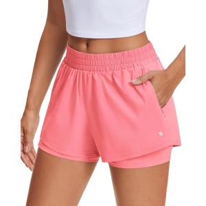Stelle Women’s 2 in 1 Running Shorts Athletic Workout Gym Shorts High Waisted Shorts with Liner Zipper Pockets(Coral)