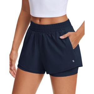Stelle Women’s 2 in 1 Running Shorts Athletic Workout Gym Shorts High Waisted Shorts with Liner Zipper Pockets(Navy)