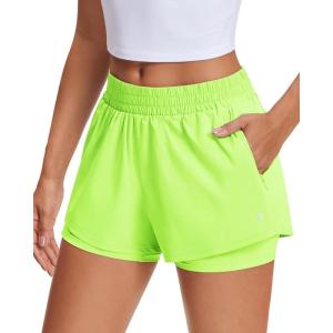 Stelle Women’s 2 in 1 Running Shorts Athletic Workout Gym Shorts High Waisted Shorts with Liner Zipper Pockets(Neon Yellow)
