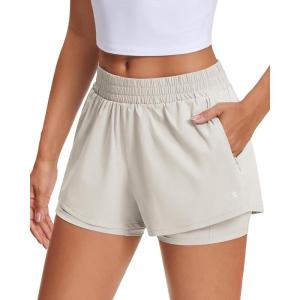 Stelle Women’s 2 in 1 Running Shorts Athletic Workout Gym Shorts High Waisted Shorts with Liner Zipper Pockets(Sandy Grey)