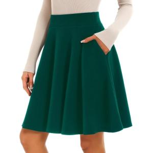 Stelle Women’s 20″ Knee Length Skirts with Pockets Casual Basic Midi Skirt Stretchy High Waisted Skater Flared Pleated(Green)