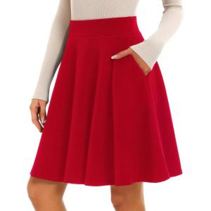 Stelle Women’s 20″ Knee Length Skirts with Pockets Casual Basic Midi Skirt Stretchy High Waisted Skater Flared Pleated(Red)
