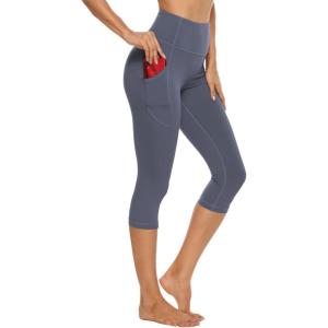 Stelle Women’s Capri Yoga Pants with Pockets Essential High Waisted Legging for Workout(Cotton Like Softness-grey Blue)