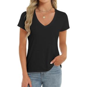 Stelle Womens Modal Soft T Shirts Short Sleeve V Neck Basic Tee Casual Loose Fit Tops Lightweight Soft Summer Outfits Clothes(Black)