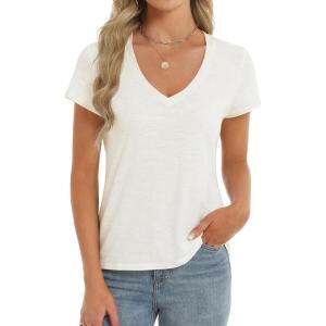 Stelle Womens Modal Soft T Shirts Short Sleeve V Neck Basic Tee Casual Loose Fit Tops Lightweight Soft Summer Outfits Clothes(Creme)