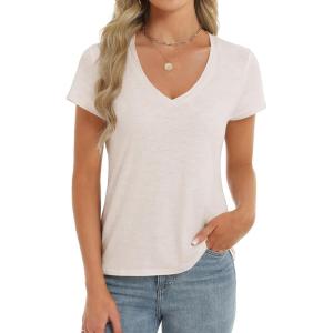 Stelle Womens Modal Soft T Shirts Short Sleeve V Neck Basic Tee Casual Loose Fit Tops Lightweight Soft Summer Outfits Clothes(Oat Milk)