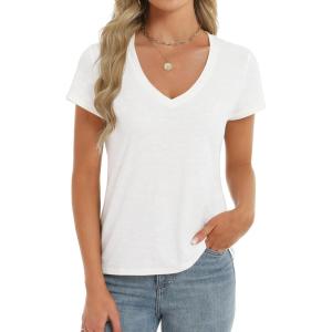 Stelle Womens Modal Soft T Shirts Short Sleeve V Neck Basic Tee Casual Loose Fit Tops Lightweight Soft Summer Outfits Clothes(Off-white)