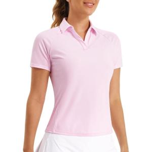 Stelle Womens Polo Golf Shirts UPF 50+ V Neck Short Sleeve Collared Tennis Shirts Casual Tank Tops(Cherry Blossom)
