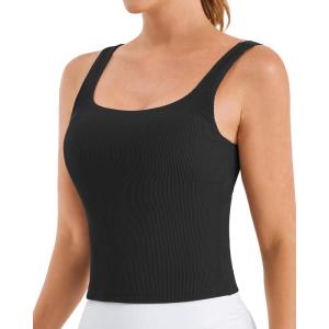 Stelle Women’s Ribbed Tank Tops Seamless Padded Workout Crop Top Sleeveless Square Neck Cami Basic Shirts(Black)
