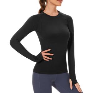 Stelle Womens Seamless Workout Top Yoga Athletic Shirt with Thumb Hole Breathable for Sports Running Slim Fit(Black)