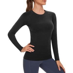 Stelle Womens Seamless Workout Top Yoga Athletic Shirt with Thumb Hole Breathable for Sports Running Slim Fit(Black-without Thumb Hole)