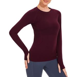 Stelle Womens Seamless Workout Top Yoga Athletic Shirt with Thumb Hole Breathable for Sports Running Slim Fit(Burgundy)