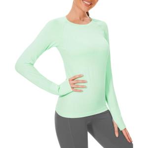 Stelle Womens Seamless Workout Top Yoga Athletic Shirt with Thumb Hole Breathable for Sports Running Slim Fit(Mint Green)