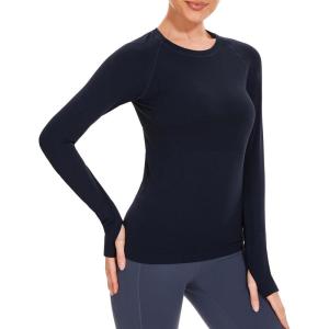 Stelle Womens Seamless Workout Top Yoga Athletic Shirt with Thumb Hole Breathable for Sports Running Slim Fit(Navy)