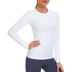 Stelle Womens Seamless Workout Top Yoga Athletic Shirt with Thumb Hole Breathable for Sports Running Slim Fit(White-without Thumb Hole)