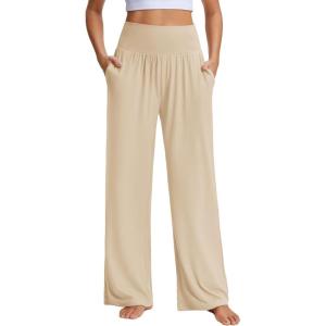 Stelle Women’s Wide Leg Yoga Pants Soft High Waisted Sweatpants Stretch Lounge Bottom with Pockets 28″ Inseam(Beige)