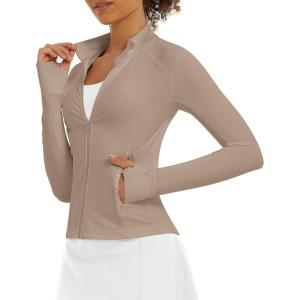 Stelle Women’s Zip Up Jackets Lightweight Athletic Running Jacket Workout Slim Fit Yoga Track Clothes with Thumb Holes(Mocha)
