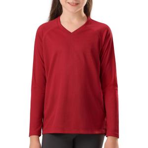 Stelle Youth Girls Athletic Performance Long Sleeve Shirts V Neck Moisture Wicking Base Layer Undershirt(Red)