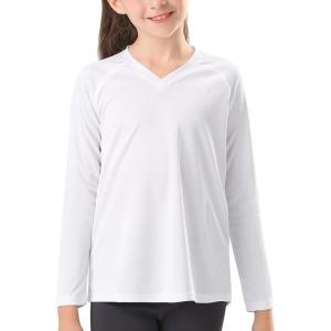 Stelle Youth Girls Athletic Performance Long Sleeve Shirts V Neck Moisture Wicking Base Layer Undershirt(White)