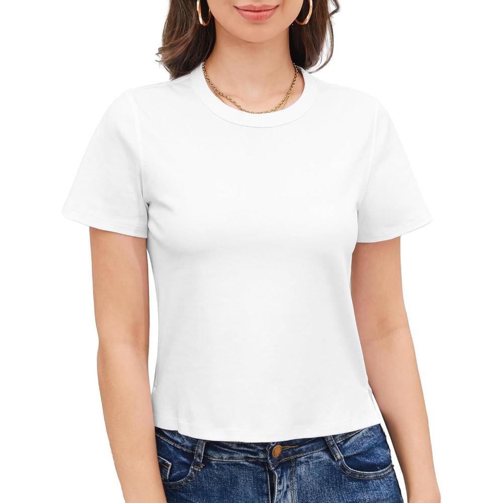imageStelle Womens Cotton TShirts Crewneck Short Sleeve Basic Tees Summer Casual Solid Crop TopsWhite