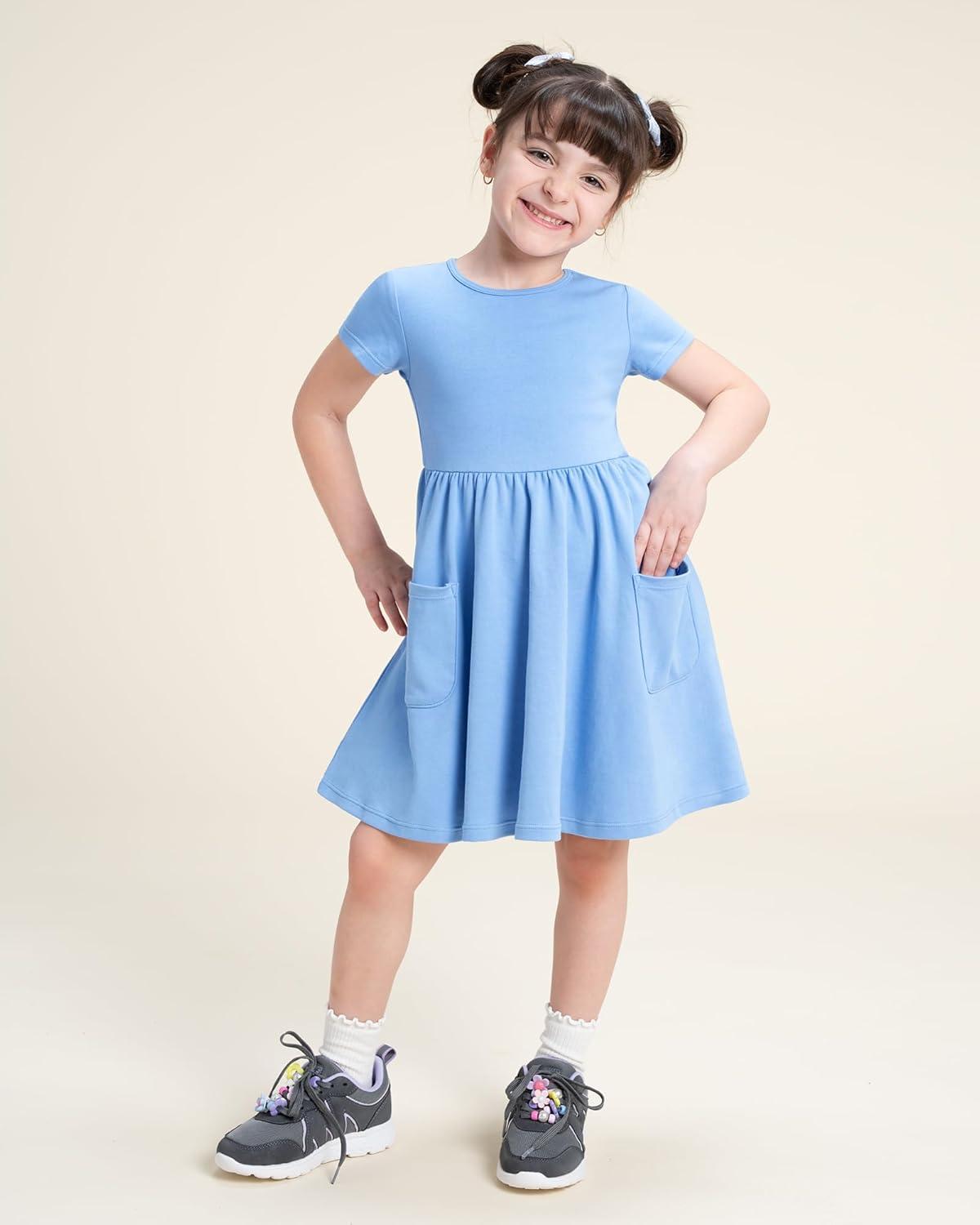 imageStelle Girls Short Sleeve Dress Summer Kids Toddler Skater Twirl A Line Solid Color TShirt Dress for School Casual 312 YCornflower Blue