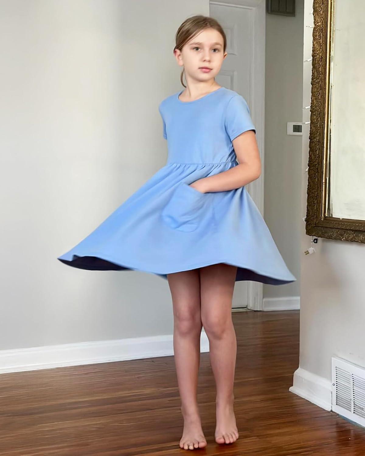 imageStelle Girls Short Sleeve Dress Summer Kids Toddler Skater Twirl A Line Solid Color TShirt Dress for School Casual 312 YCornflower Blue