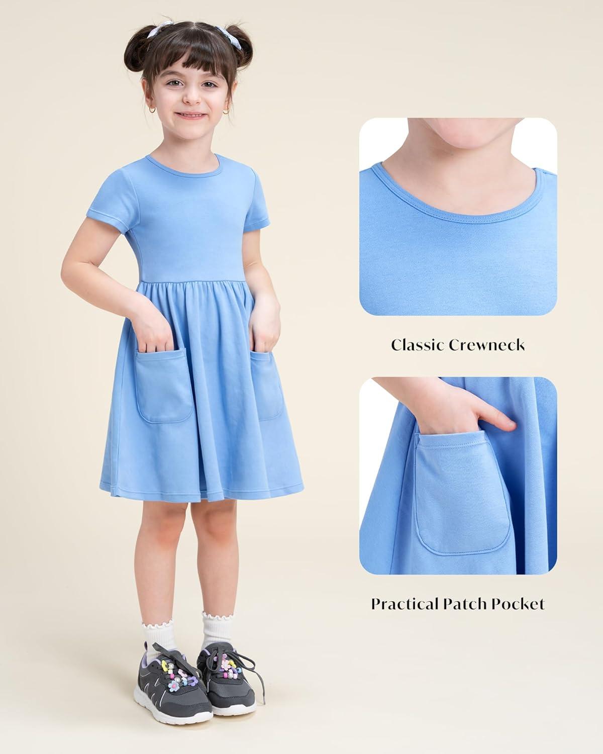 imageStelle Girls Short Sleeve Dress Summer Kids Toddler Skater Twirl A Line Solid Color TShirt Dress for School Casual 312 YCornflower Blue