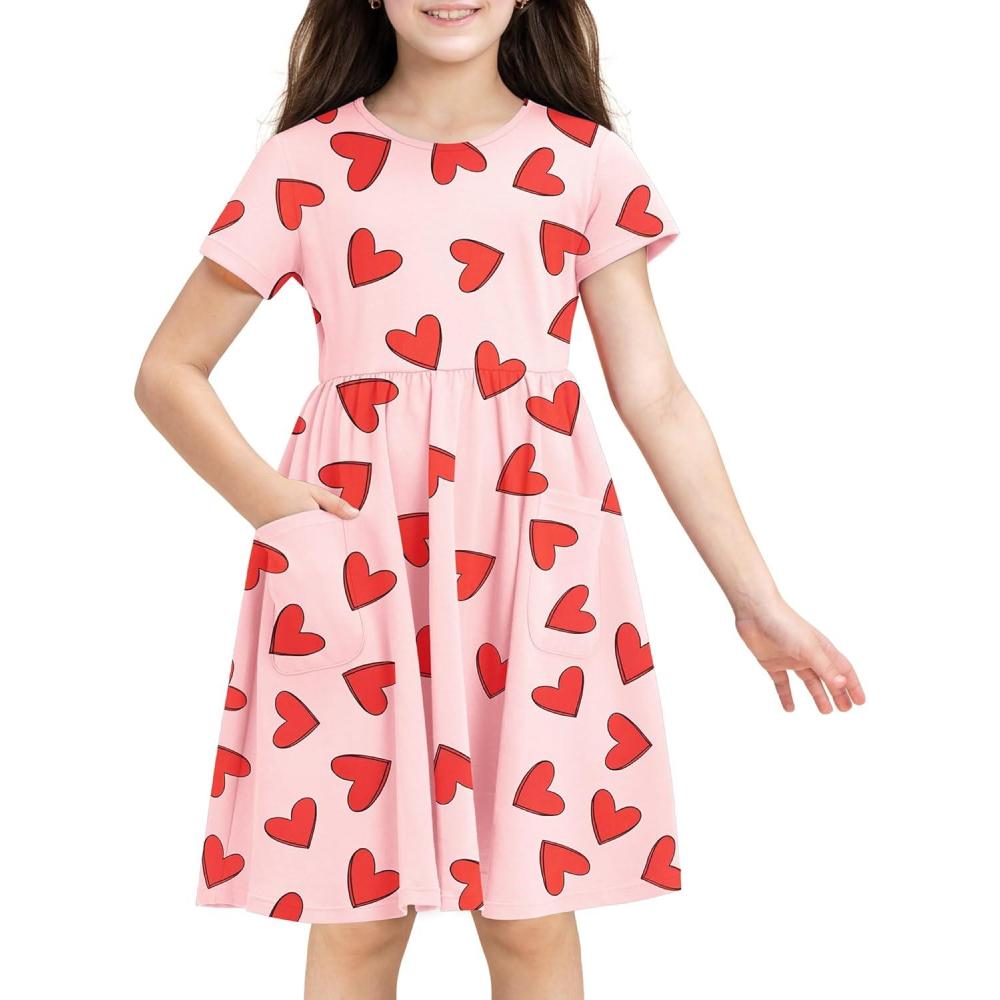 imageStelle Girls Short Sleeve Dress Summer Kids Toddler Skater Twirl A Line Solid Color TShirt Dress for School Casual 312 YSweet Hearts