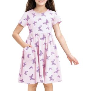 Stelle Girls Short Sleeve Dress Summer Kids Toddler Skater Twirl A Line Solid Color T-Shirt Dress for School Casual 3-12 Y(Butterfly Bliss Print)