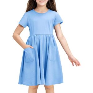 Stelle Girls Short Sleeve Dress Summer Kids Toddler Skater Twirl A Line Solid Color T-Shirt Dress for School Casual 3-12 Y(Cornflower Blue)