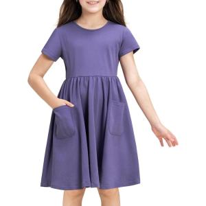 Stelle Girls Short Sleeve Dress Summer Kids Toddler Skater Twirl A Line Solid Color T-Shirt Dress for School Casual 3-12 Y(Dusty Grape)