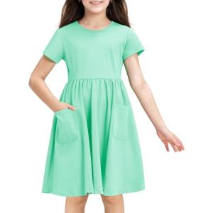 Stelle Girls Short Sleeve Dress Summer Kids Toddler Skater Twirl A Line Solid Color T-Shirt Dress for School Casual 3-12 Y(Mint Green)