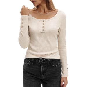 Stelle Women’s Long Sleeve Henley T Shirts Button Ribbed Knit Loose Fit Basic Tops 2025 Fall Fashion Outfits(Beige)