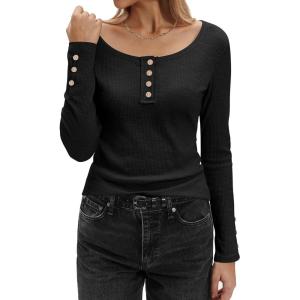 Stelle Women’s Long Sleeve Henley T Shirts Button Ribbed Knit Loose Fit Basic Tops 2025 Fall Fashion Outfits(Black)