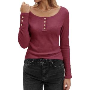 Stelle Women’s Long Sleeve Henley T Shirts Button Ribbed Knit Loose Fit Basic Tops 2025 Fall Fashion Outfits(Burgundy)