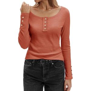 Stelle Women’s Long Sleeve Henley T Shirts Button Ribbed Knit Loose Fit Basic Tops 2025 Fall Fashion Outfits(Burnt Orange)