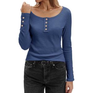 Stelle Women’s Long Sleeve Henley T Shirts Button Ribbed Knit Loose Fit Basic Tops 2025 Fall Fashion Outfits(Denim)