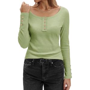 Stelle Women’s Long Sleeve Henley T Shirts Button Ribbed Knit Loose Fit Basic Tops 2025 Fall Fashion Outfits(Moss)