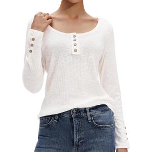 Stelle Women’s Long Sleeve Henley T Shirts Button Ribbed Knit Loose Fit Basic Tops 2025 Fall Fashion Outfits(White)