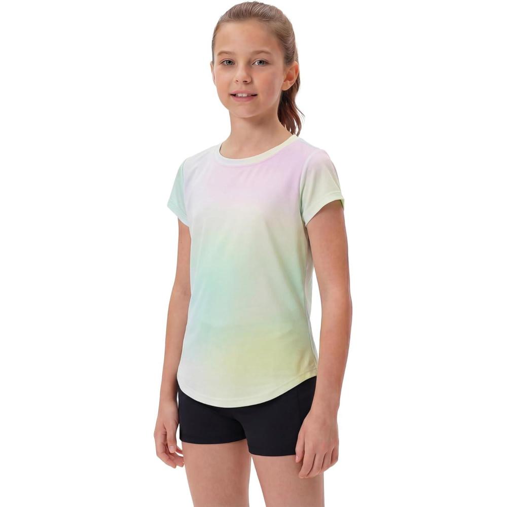 imageSTELLE Athletic Shirts for Girls Short Sleeve Active T Shirts Sports Crewneck Dry Fit Tops Kids Teens Gym Workout Summer TeeRainbow Wash